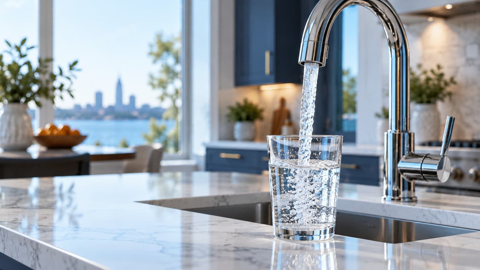 Pouring a glass of treated drinking water